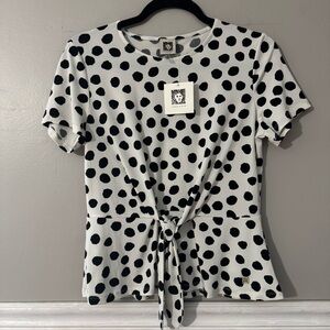 Anne Klein Black and White Polka Dot Tie Front Blouse Size S NWT